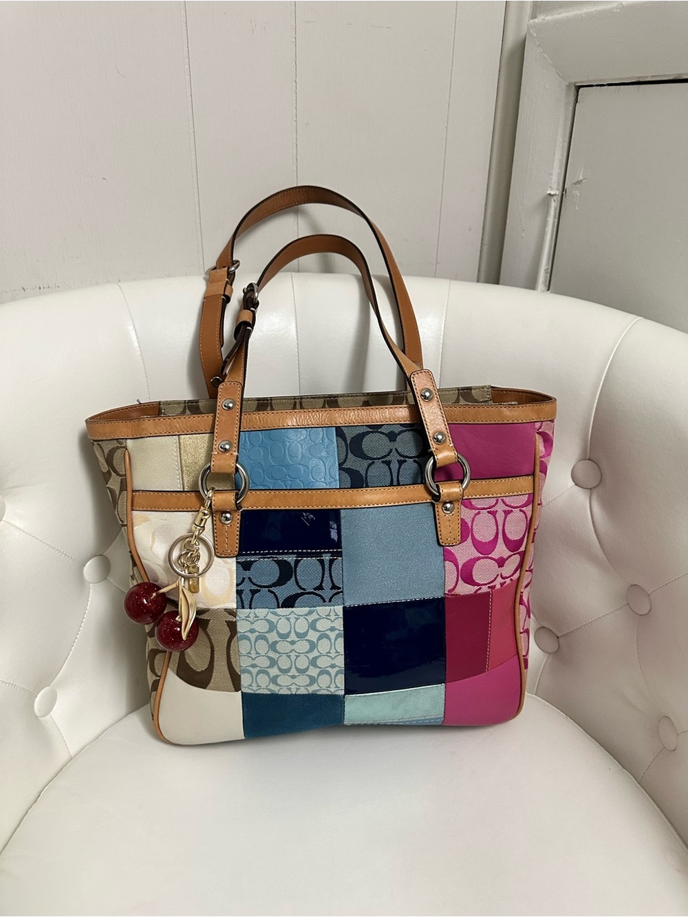 Coach Patchwork Signature Tote in Pink, Blue & Tan